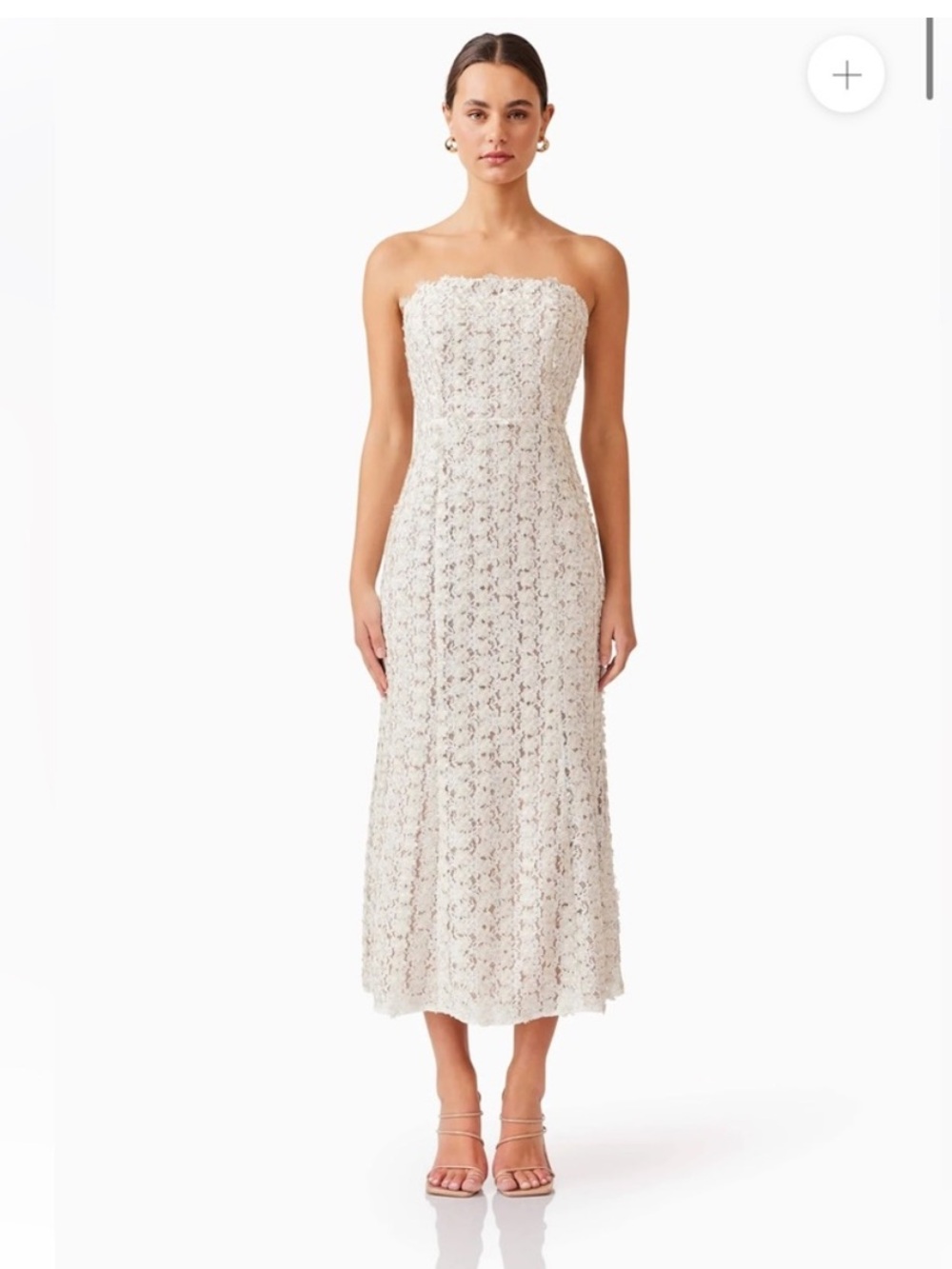 elliatt cali white & gold shimmer 3d flower lace strapless midi dress Large NEW